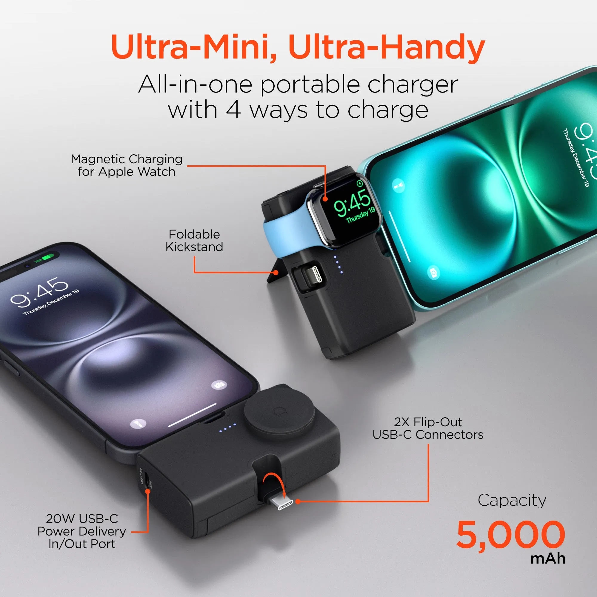 IBasics 5,000mAh Ultra-Mini Power Bank with Built-In Apple Watch Charger & Dual USB-C Connectors sold by Zulily product image thumbnail 2