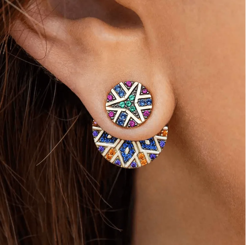 Goldtone Multicolour Crystal Pattern Circle Ear Jacket Studs made by Zulily