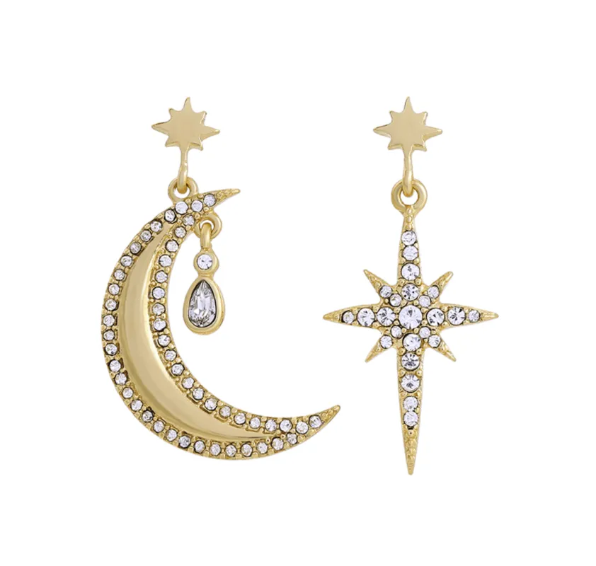 Goldtone Crystal Moon Star Asymmetrical Drop Earrings made by Zulily