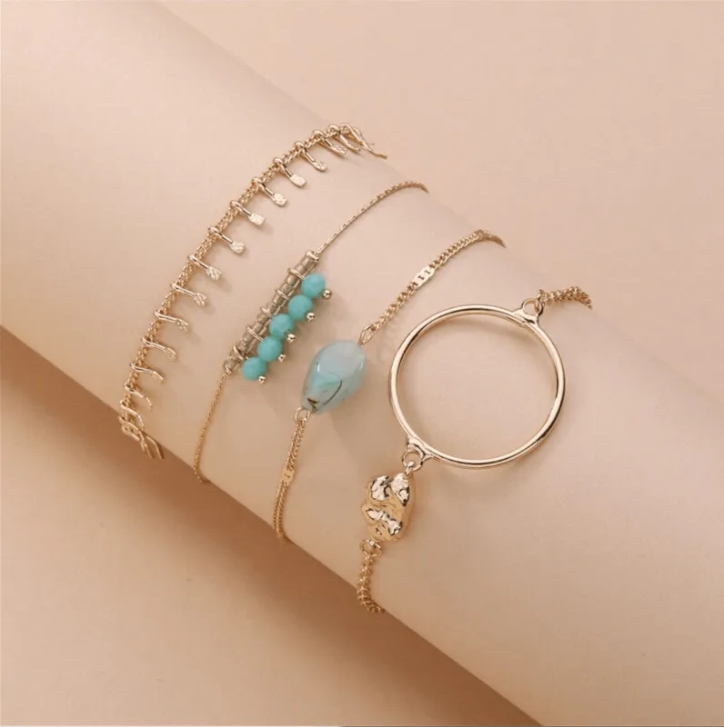 Goldtone Teal Beaded Natural Stone Bracelet Set 4-Piece made by Zulily
