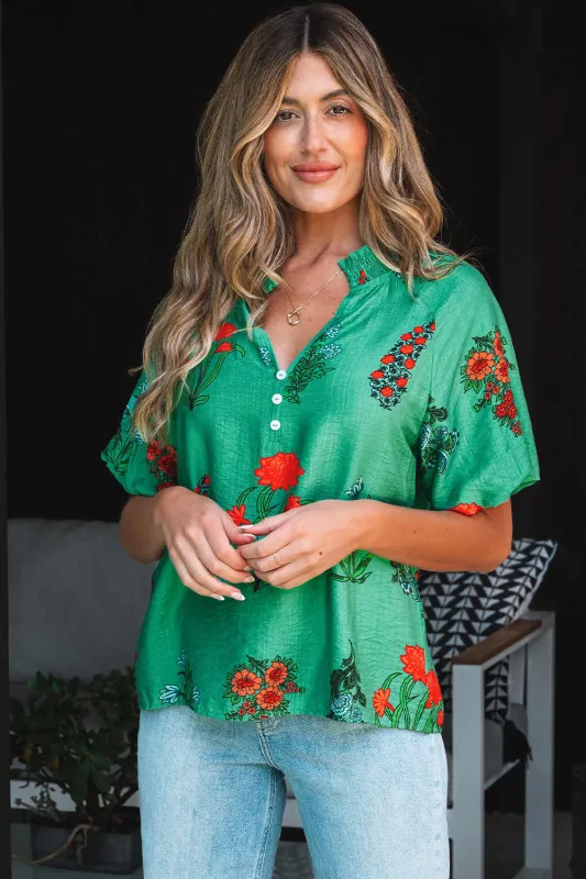 Threaded Pear Penelope Floral Buttoned V Neck Short Sleeve Blouse made by Threaded Pear