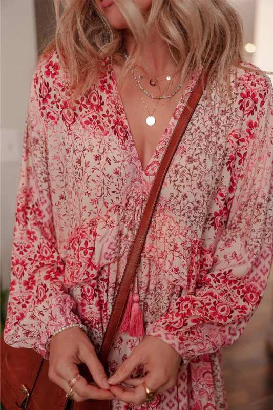 Threaded Pear Melody Floral Tassel Tie Long Sleeve Mini Dress made by Threaded Pear