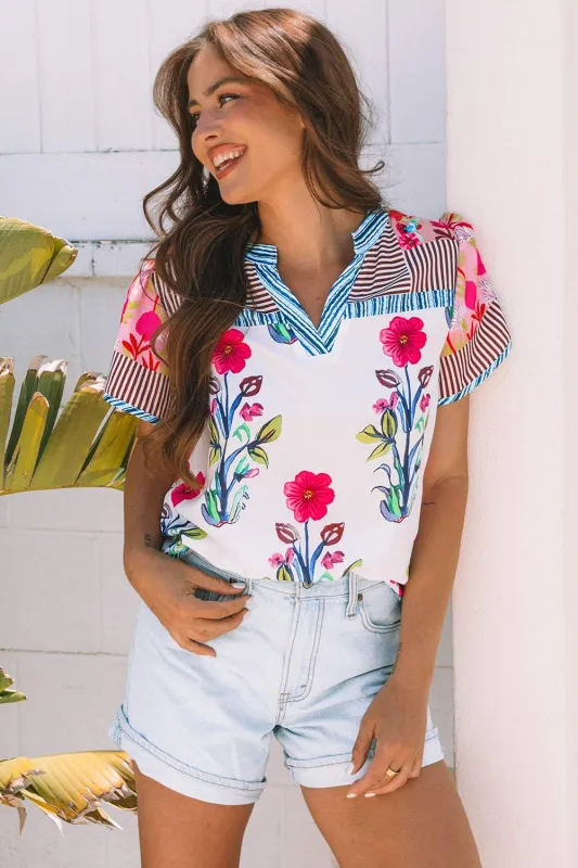 Threaded Pear Maya Floral Striped Split Neck Blouse made by Threaded Pear