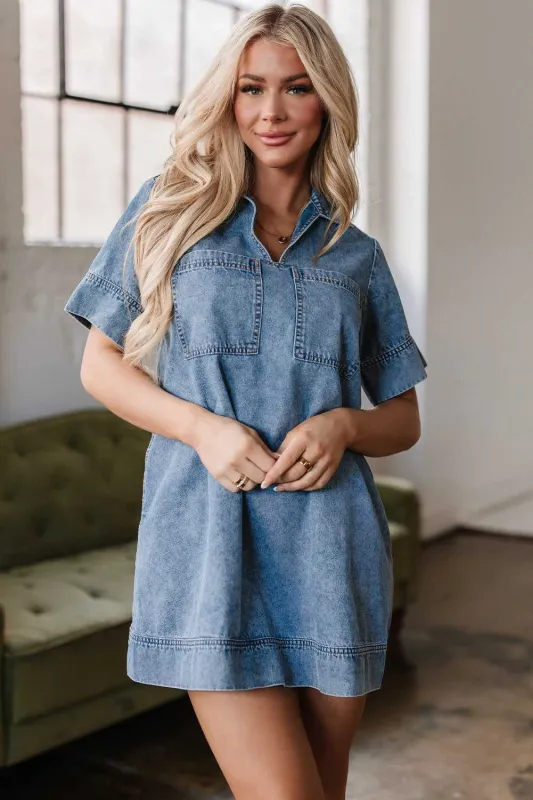 Threaded Pear Makenzie Short Sleeve Collared Denim Dress made by Threaded Pear