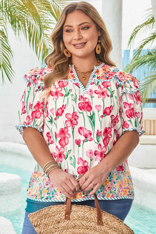 Threaded Pear Kiara Plus Size Floral Striped Trim V Neck Blouse made by Threaded Pear