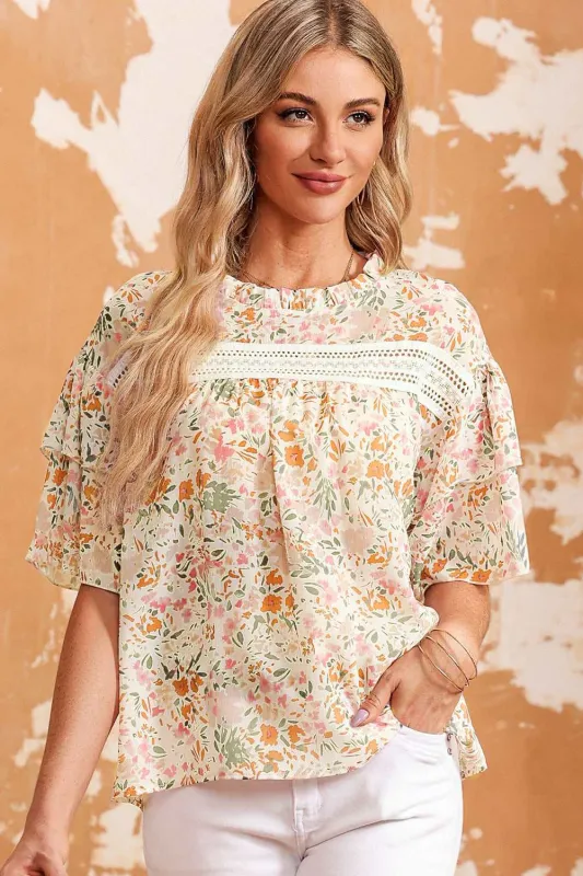 Threaded Pear Karsyn Floral Print Wide Ruffle Sleeves Blouse made by Threaded Pear