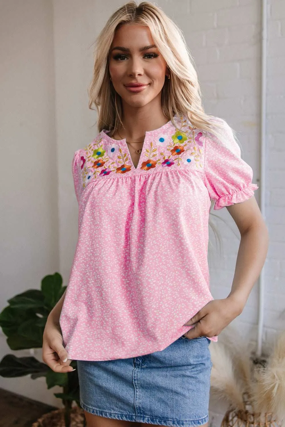 Threaded Pear Hadlee Floral Embroidered V Neck Blouse sold by Zulily