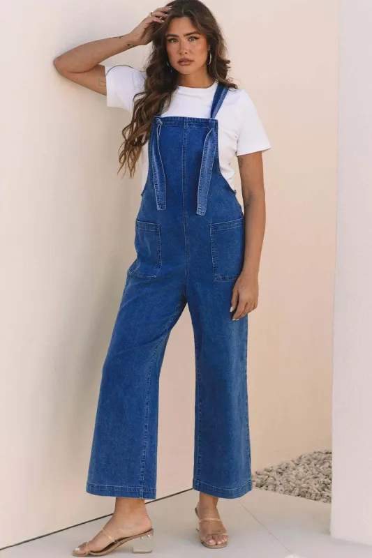 Threaded Pear Elodie Knotted Strap Wide Leg Denim Overalls made by Threaded Pear