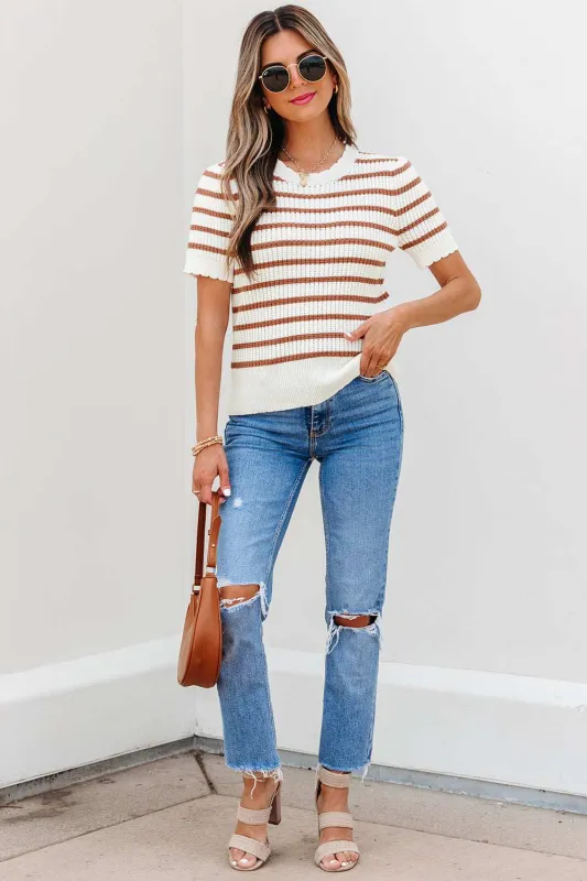 Threaded Pear Eloise Stripe Scalloped Round Neck Short Sleeve Sweater made by Threaded Pear