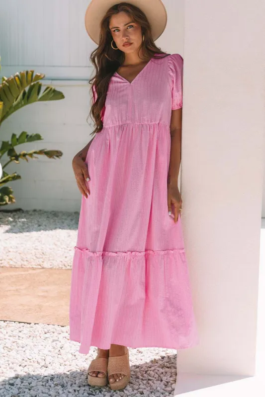 Threaded Pear Ella Stripe V Neck Puff Short Sleeve Maxi Dress made by Threaded Pear
