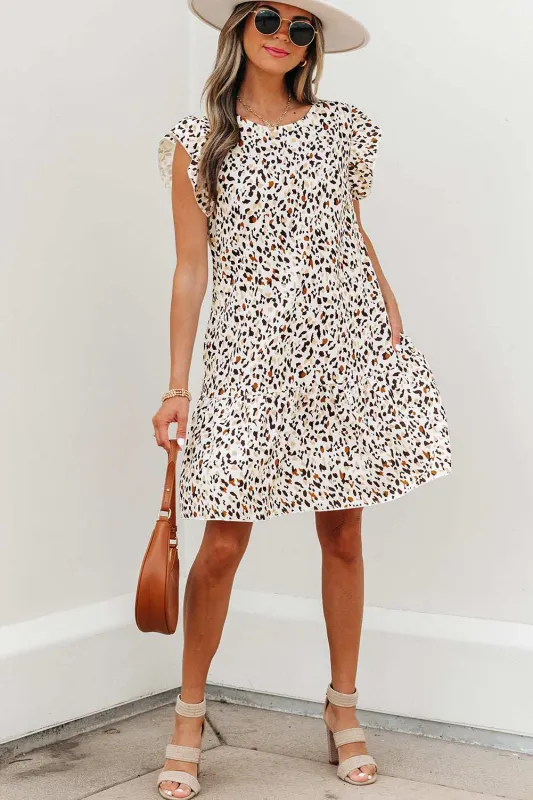 Threaded Pear Darcy Leopard Ruffled Keyhole Back Mini Dress made by Threaded Pear