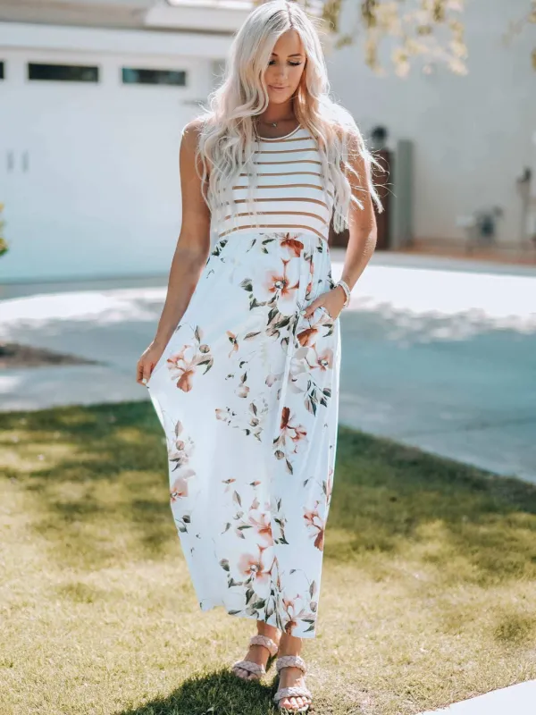 Threaded Pear Zora Striped Floral Sleeveless Maxi Dress with Pocket made by Threaded Pear