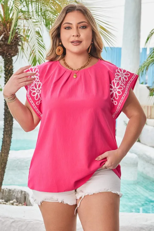 Threaded Pear Zara Plus Size Floral Embroidered Flutter Sleeve Blouse made by Threaded Pear