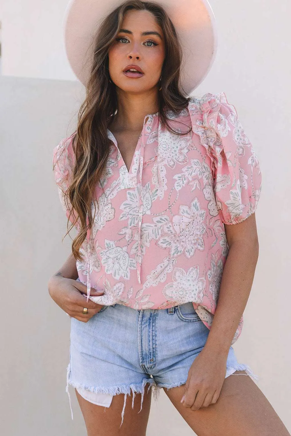 Threaded Pear Cattleya Floral Drawstring V Neck Puff Sleeve Loose Blouse sold by Zulily