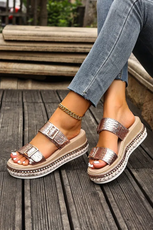Threaded Pear Cattleya Buckle Wedge Platform Slippers made by Threaded Pear