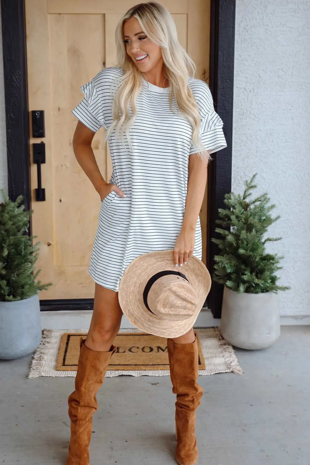 Threaded Pear Briana Stripe Ruffled Short Sleeve T Shirt Dress sold by Zulily
