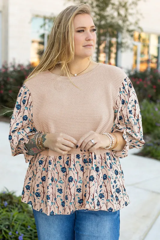Threaded Pear Beige Faux Two Piece Knit Patchwork Floral Print Plus Size Top made by Threaded Pear