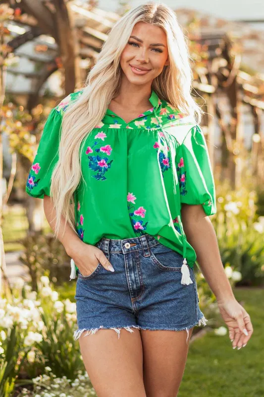 Threaded Pear Ayah Floral Tie Split Neck Short Sleeve Blouse made by Threaded Pear