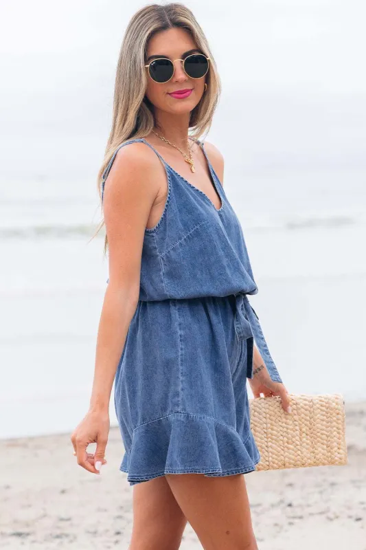 Threaded Pear Aspyn Spaghetti Straps Ruffled Leg Chambray Romper made by Threaded Pear