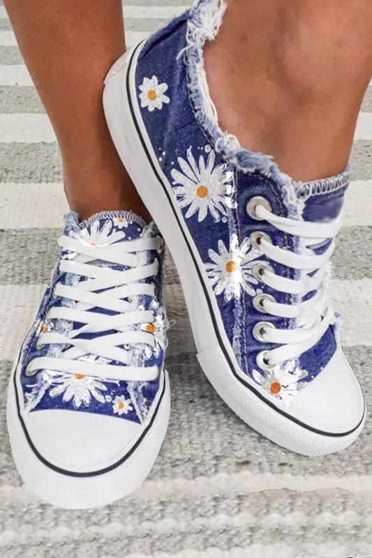 Threaded Pear Sky Blue Frayed Denim Daisy Print Lace-up Shoes made by Threaded Pear