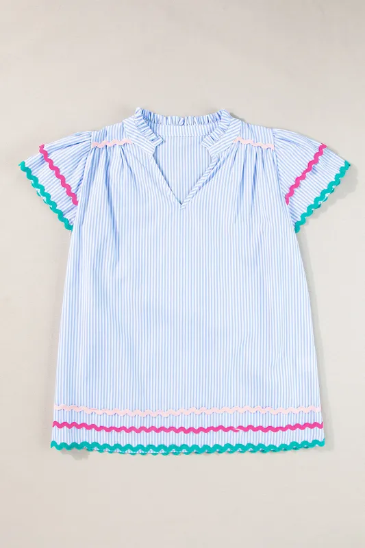 Threaded Pear Sky Blue Stripe Ricrac Trim Split Neck Striped Ruffled Sleeve Blouse made by Threaded Pear