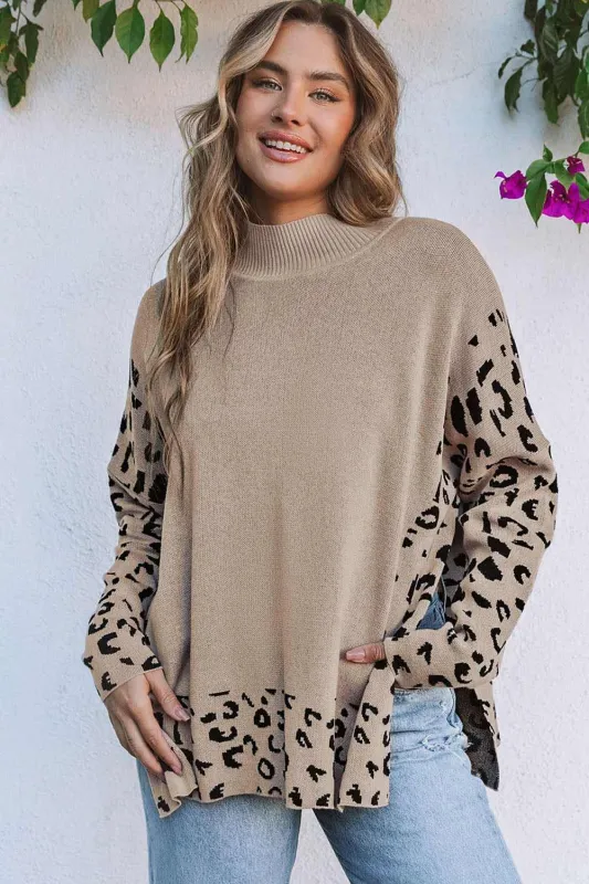 Threaded Pear Sarai Leopard High Neck Side Slit Oversized Sweater made by Threaded Pear