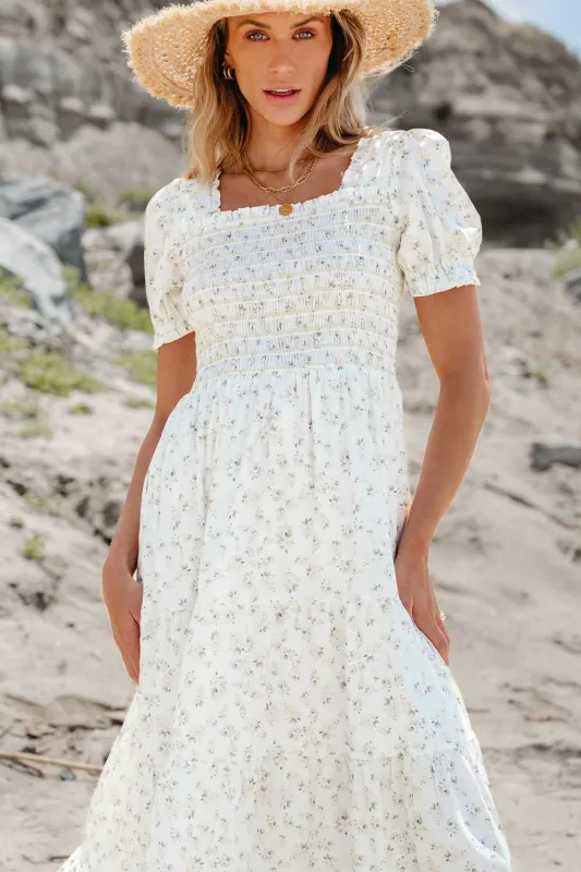 Threaded Pear Robin Frilly Shirred Bodice Tiered Floral Maxi Dress made by Threaded Pear