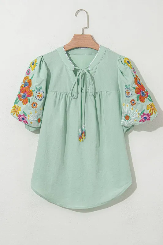 Threaded Pear Reya Floral Embroidered Puff Sleeve Split Neck Blouse made by Threaded Pear