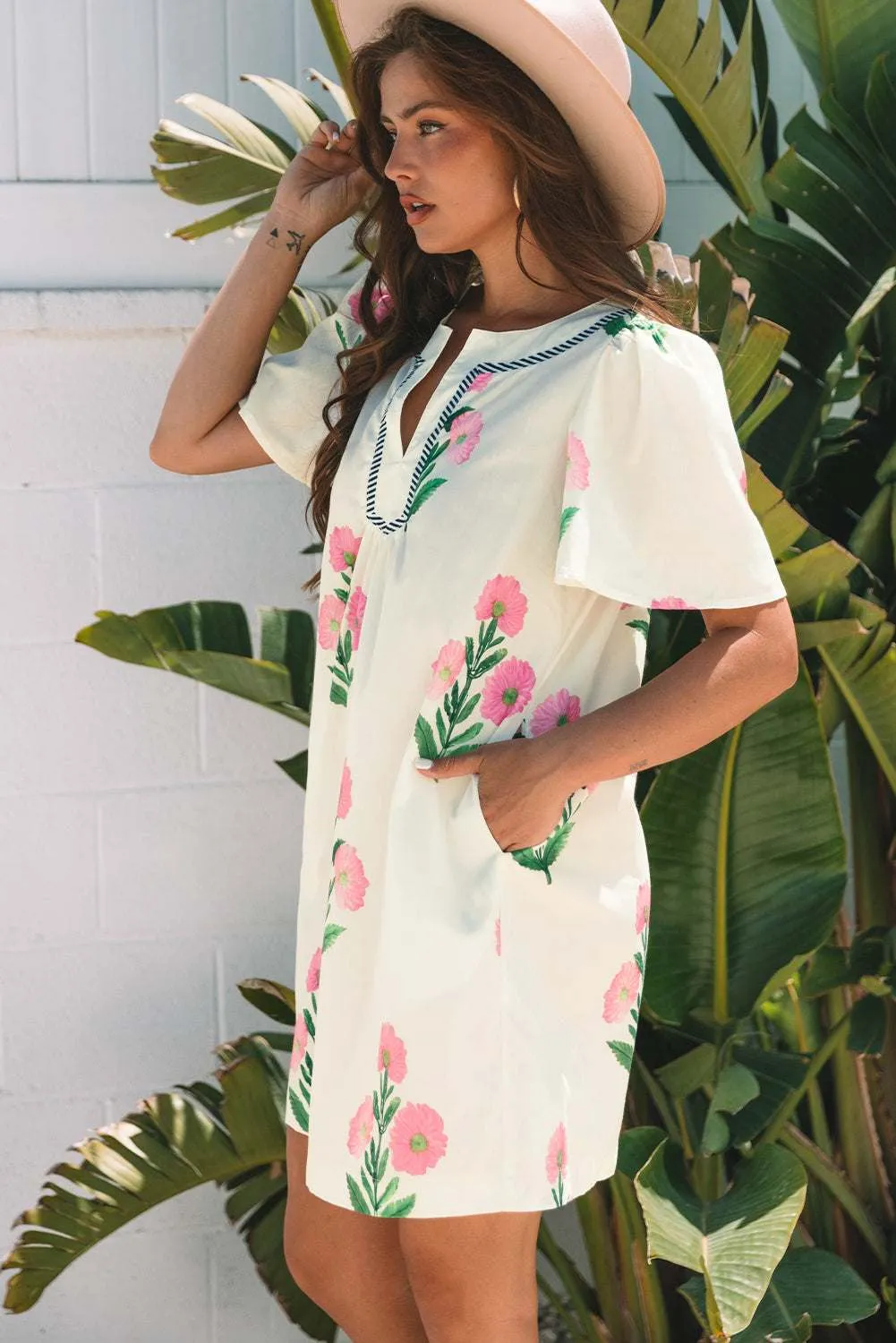 Threaded Pear Paloma Floral Short Sleeve Split Neck Loose Mini Dress sold by Zulily