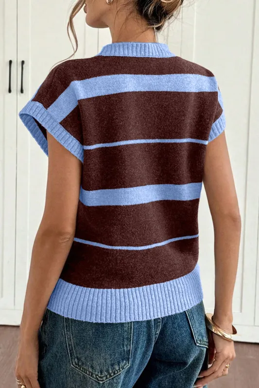 Threaded Pear Sky Blue Stripe Striped Short Sleeve Round Neck Casual Knit Top made by Threaded Pear