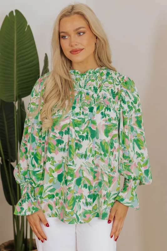 Threaded Pear Milena Sleeve Shirred Mock Blouse made by Threaded Pear