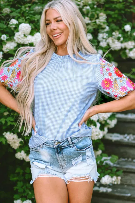Threaded Pear Pearl Gingham Floral Embroidered Puff Sleeve Blouse made by Threaded Pear