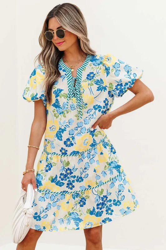 Threaded Pear Payton Floral Striped Trim Puff Short Sleeve Dress made by Threaded Pear