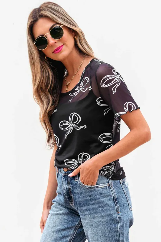 Threaded Pear Maddie Bow Mesh Short Sleeve Top made by Threaded Pear