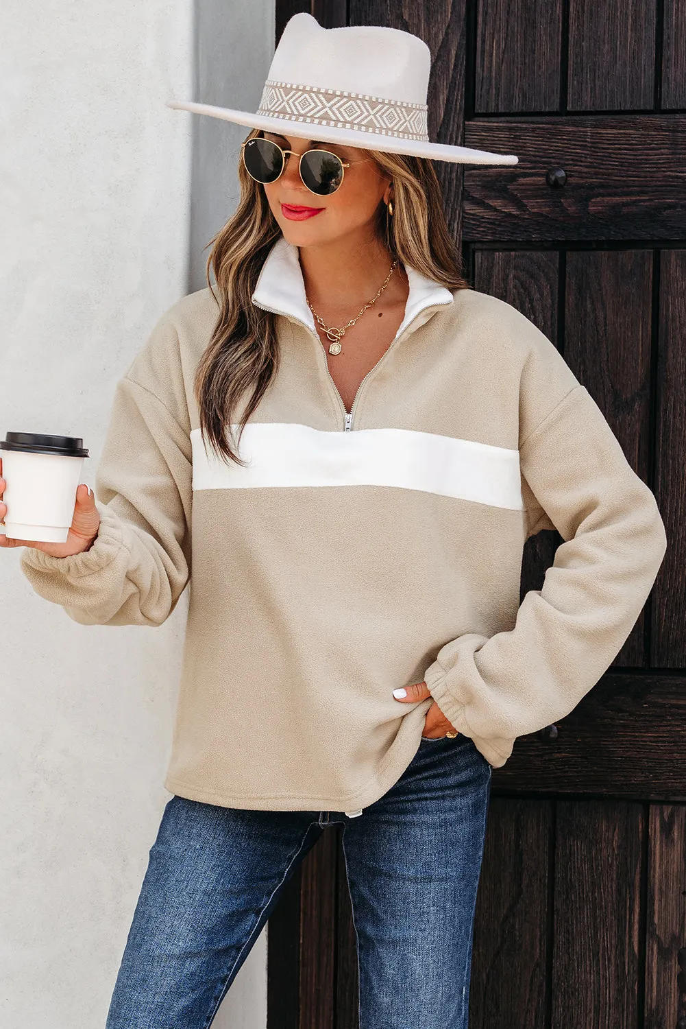 Threaded Pear Nicole Colorblock Patchwork Zipped Pullover sold by Zulily
