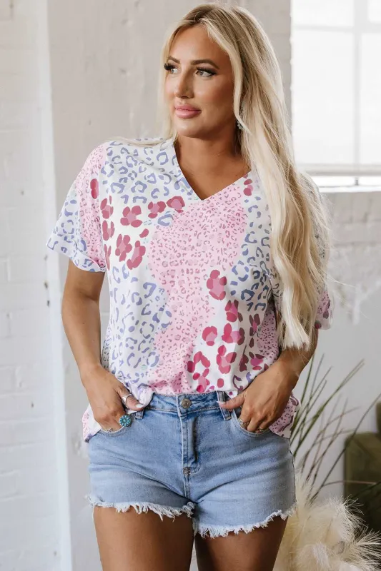 Threaded Pear Luisa Leopard V Neck Short Sleeve Blouse made by Threaded Pear