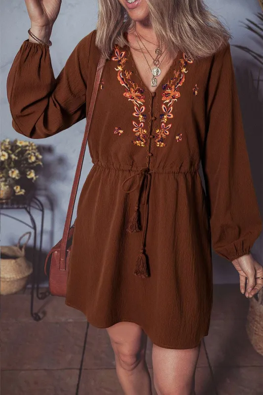 Threaded Pear Liliana Floral Embroidered Tassel Tie Mini Dress made by Threaded Pear