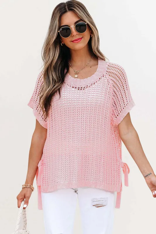 Threaded Pear Lettie Hollow-out Crochet Side Tied Short Sleeve Sweater made by Threaded Pear