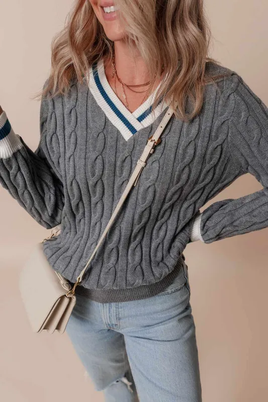 Threaded Pear Kayle Ribbed Edge Cable Knit V Neck Sweater made by Threaded Pear