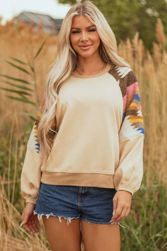 Threaded Pear Logan Aztec Patchwork Raglan Pullover Sweatshirt made by Threaded Pear