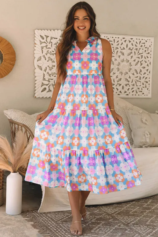 Threaded Pear Lottie Floral Print Frilly Neck Sleeveless Tiered Maxi Dress made by Threaded Pear