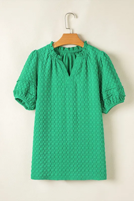 Threaded Pear Kalani Textured Puff Short Sleeve Notched V Neck Top made by Threaded Pear