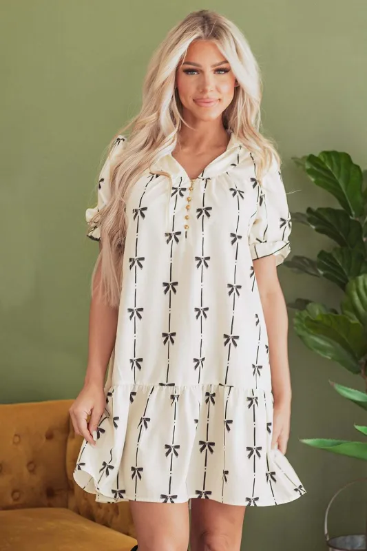 Threaded Pear Logan Bowknot Bubble Sleeve V Neck Dress made by Threaded Pear