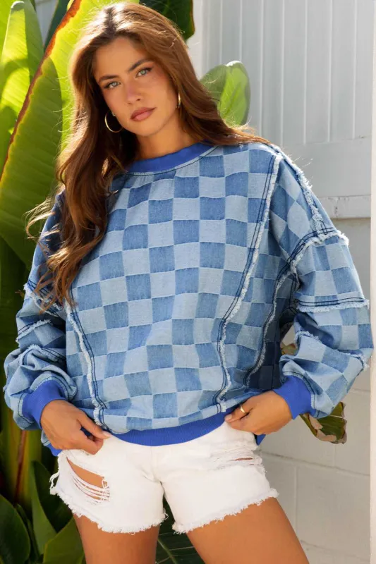 Threaded Pear Jessica Checkerboard Oversized Denim Pullover made by Threaded Pear