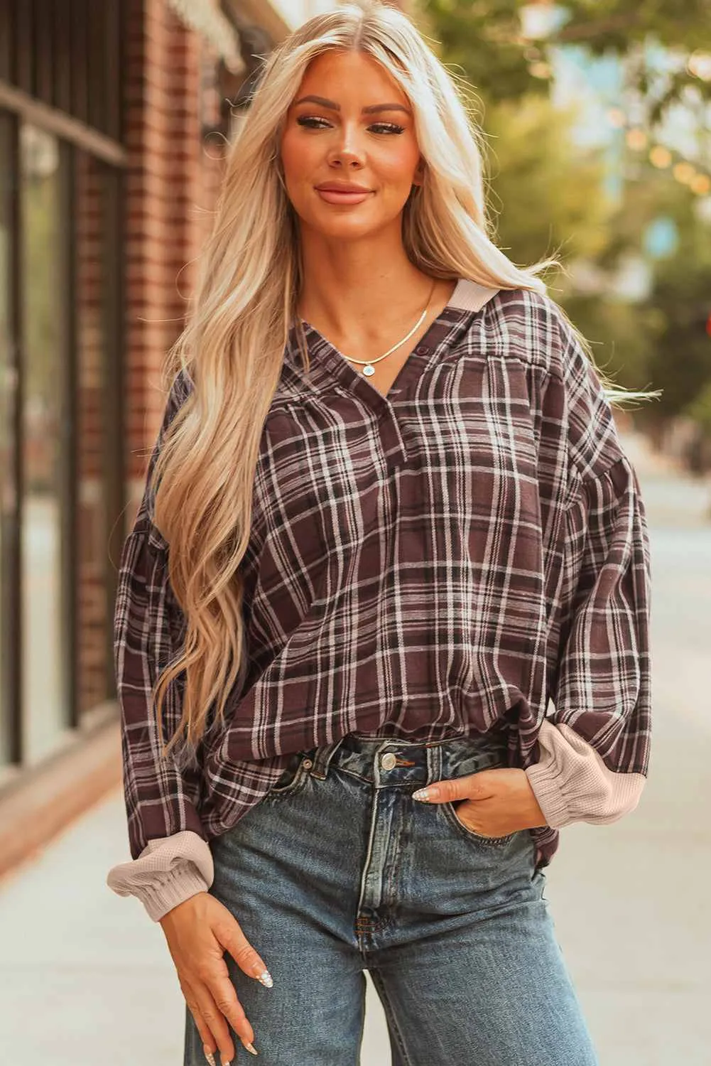 Threaded Pear Lauren Plaid Patchwork Long Sleeve Hooded Top sold by Zulily