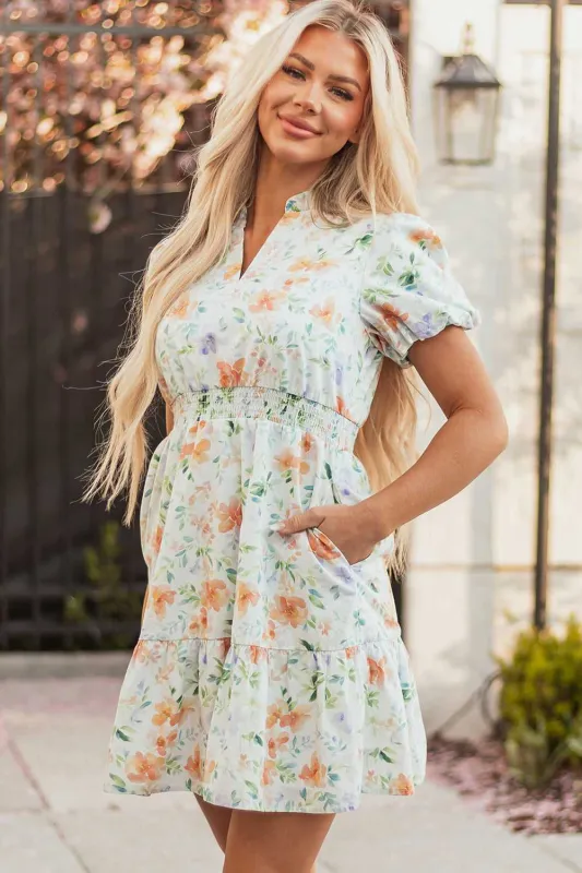 Threaded Pear Katharine Floral Shirred High Waist Puff Sleeve Mini Dress made by Threaded Pear