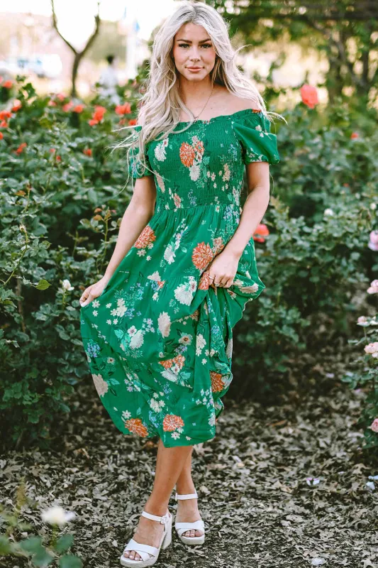 Threaded Pear Kailany Floral Bubble Sleeve Smocked Tiered Midi Dress made by Threaded Pear