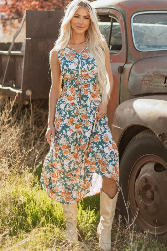 Threaded Pear Kara Floral Tie Waist Sleeveless Holiday Long Dress made by Threaded Pear