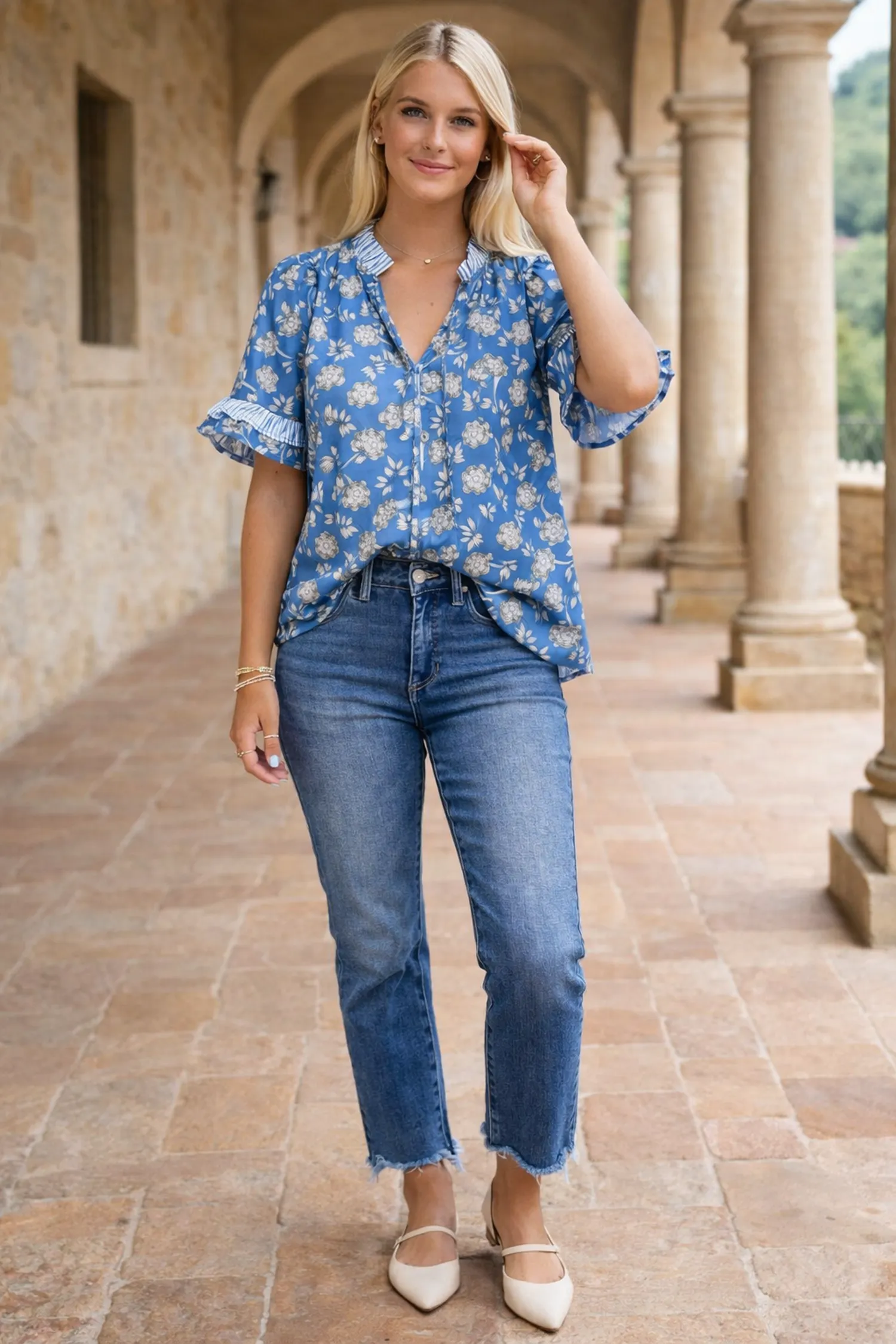 Threaded Pear Hana Detail Short Sleeve Blouse sold by Zulily