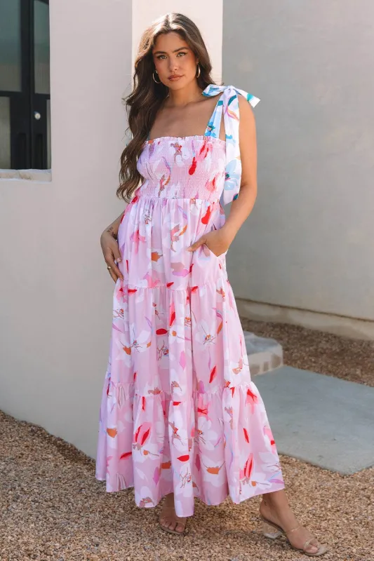 Threaded Pear Flora Floral Knotted Shoulder Smocked Maxi Dress made by Threaded Pear
